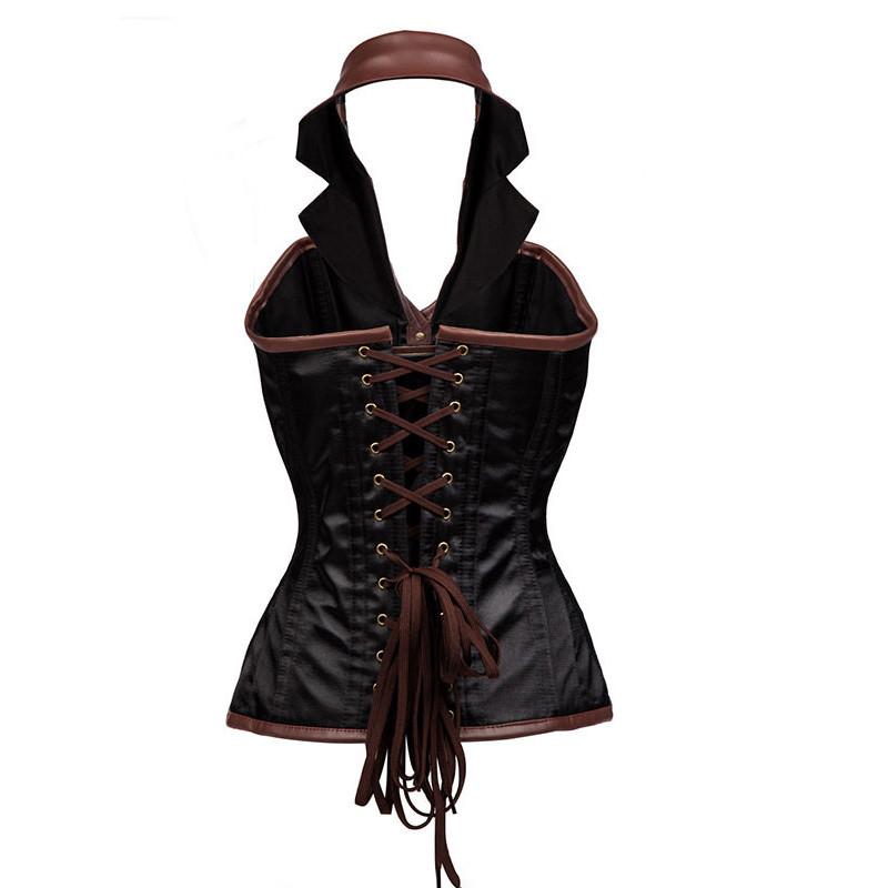 Black & Brown Steampunk Faux Leather Halter Collar Corset - Go Steampunk