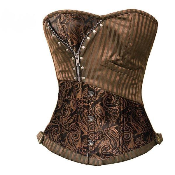 Steampunk Brocade and Stripes Corset with Zipper and Rivets