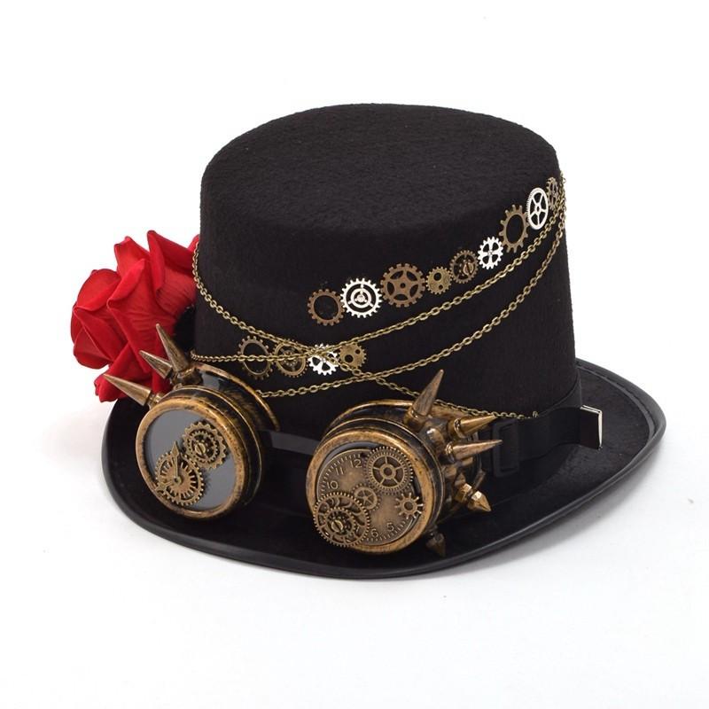 Steampunk Gears Floral Black Top Hat with Goggles Decoration - Go Steampunk