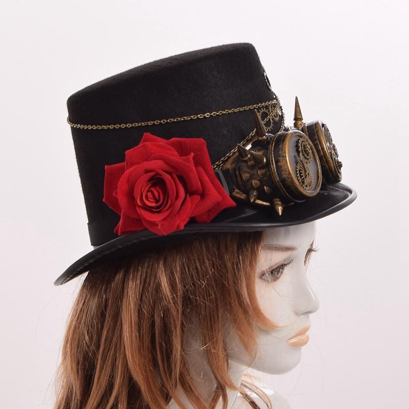 Steampunk Gears Floral Black Top Hat with Goggles Decoration - Go Steampunk
