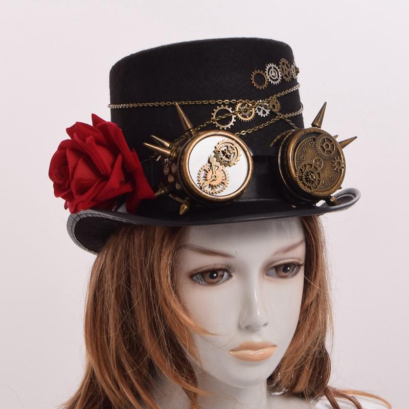 Steampunk Gears Floral Black Top Hat with Goggles Decoration