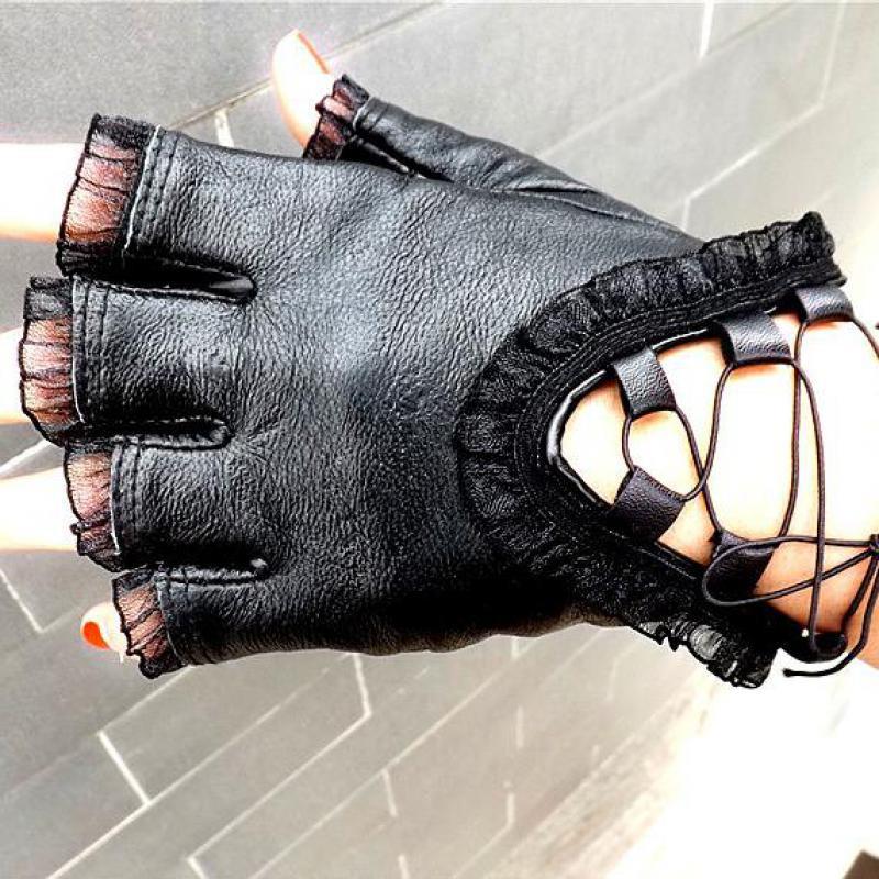 Black Half Finger Genuine Leather Gloves Soft Sheepskin Lace Trim - Go Steampunk