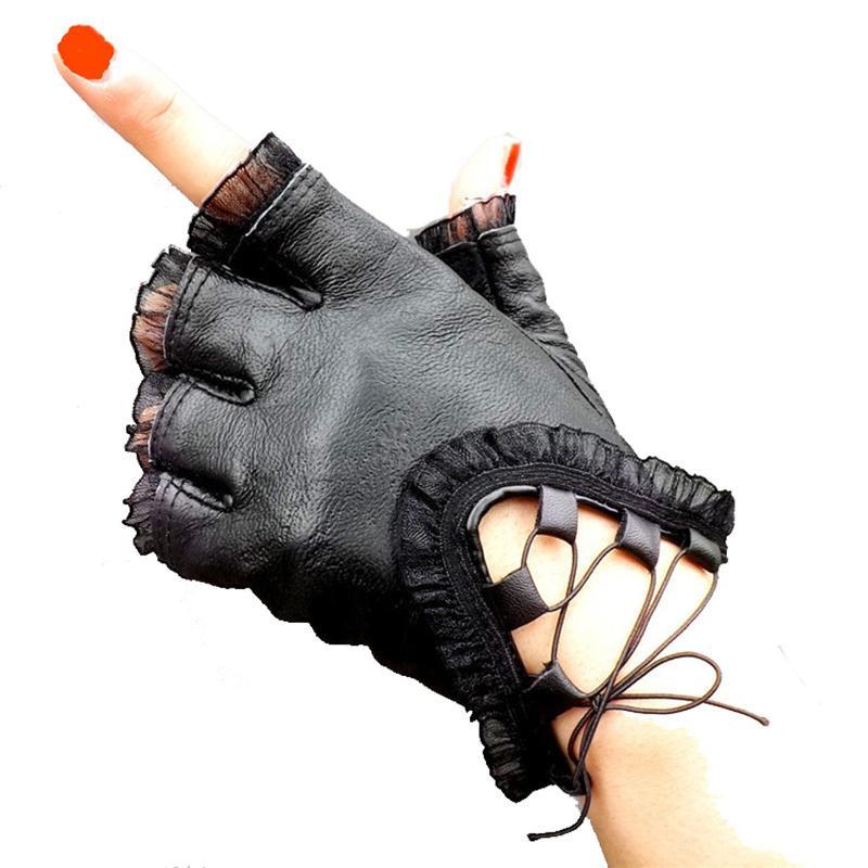 Black Half Finger Genuine Leather Gloves Soft Sheepskin Lace Trim