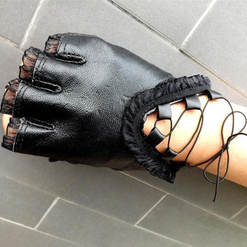 Black Half Finger Genuine Leather Gloves Soft Sheepskin Lace Trim - Go Steampunk