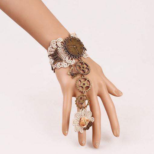 Lace Gear Butterfly Steampunk Cuff With Chained Ring - Go Steampunk