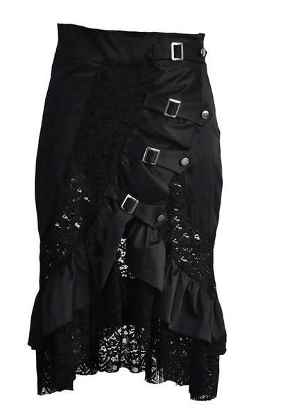 Black Punk Buckled Dropped Skirt with Ruffle and Lace - Go Steampunk
