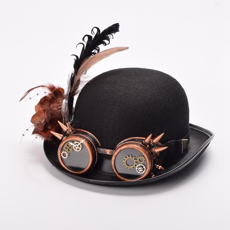 Steampunk Feathers And Goggles Bowler Hat - Go Steampunk