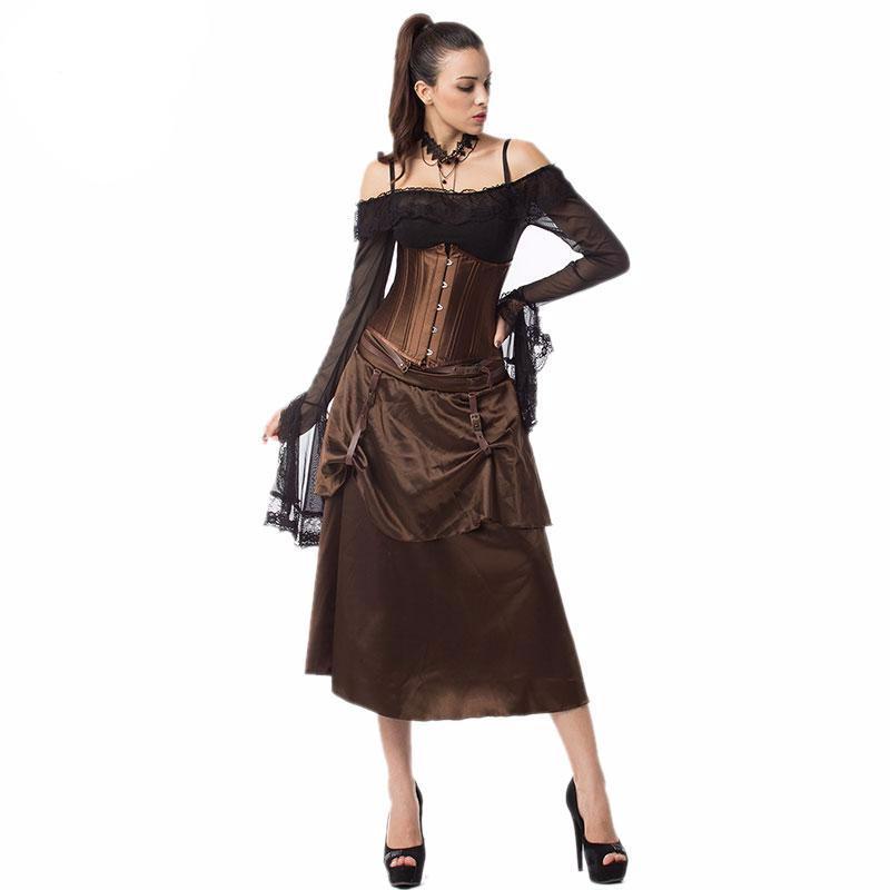 Brown Satin Low Waist 2 Layer Skirt - Go Steampunk
