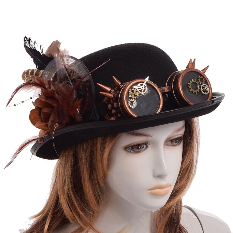 Steampunk Feathers And Goggles Bowler Hat - Go Steampunk