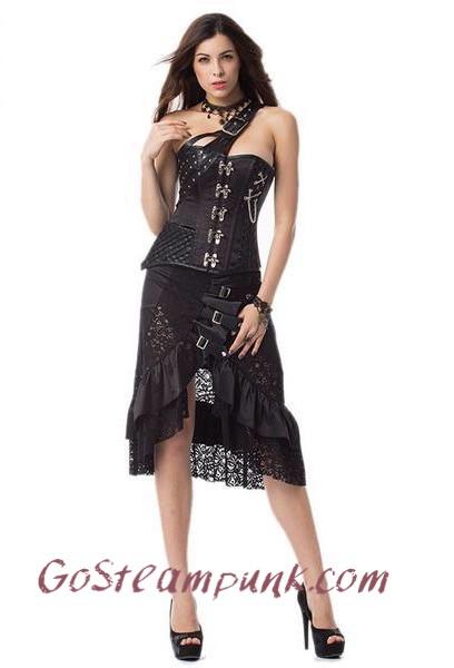 Black Punk Buckled Dropped Skirt with Ruffle and Lace - Go Steampunk