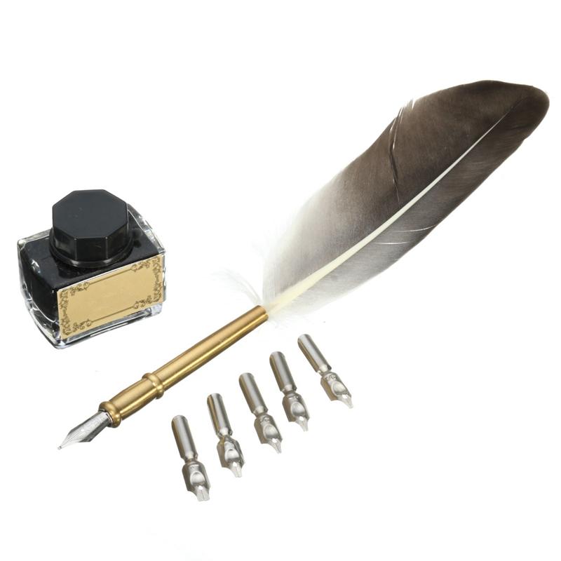 Black Vintage Quill Feather Dip Pen Writing Ink Set - Go Steampunk