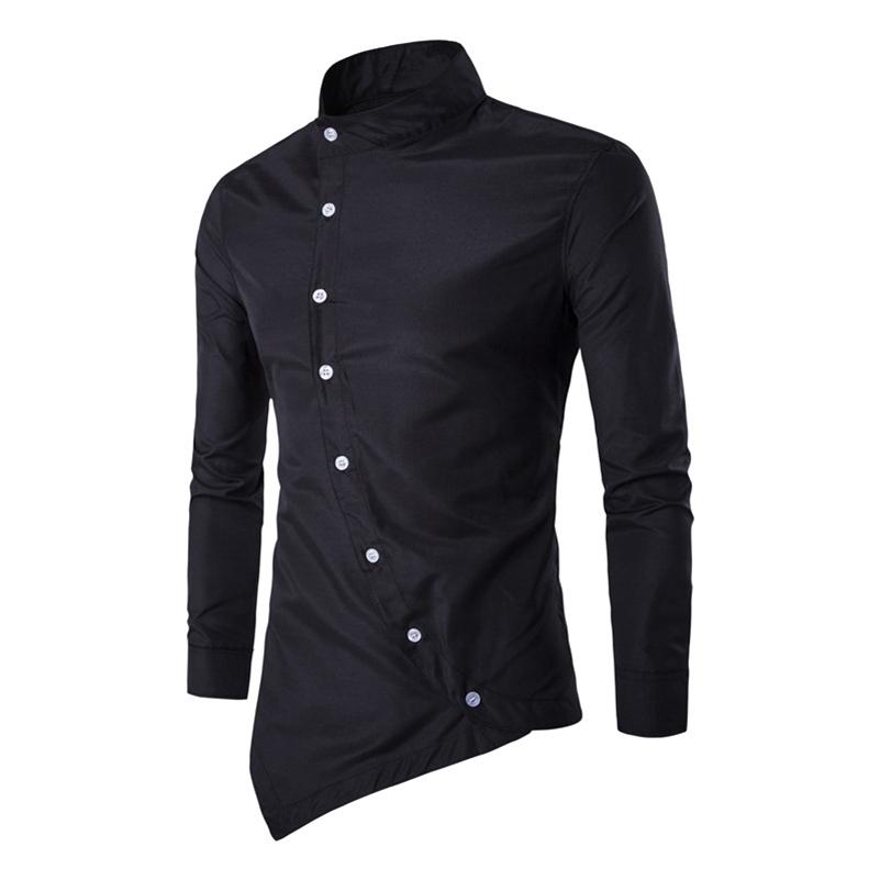 Stand Collar Asymmetric Hemline Buttoned Shirt