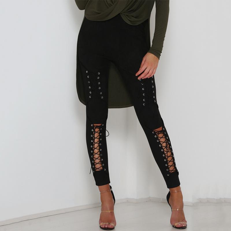 Hollow Out Lace Up Fuax Suede Leather Pants