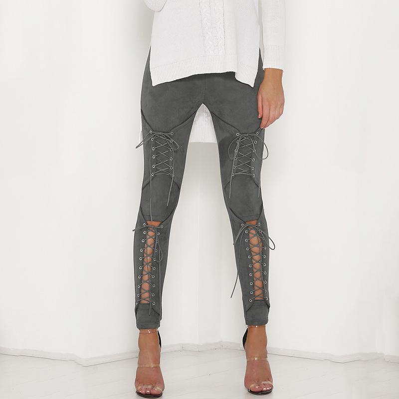Hollow Out Lace Up Fuax Suede Leather Pants - Go Steampunk