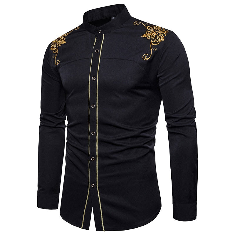 Royal Court Style Floral Embroidered Solid Dress Shirt - Go Steampunk