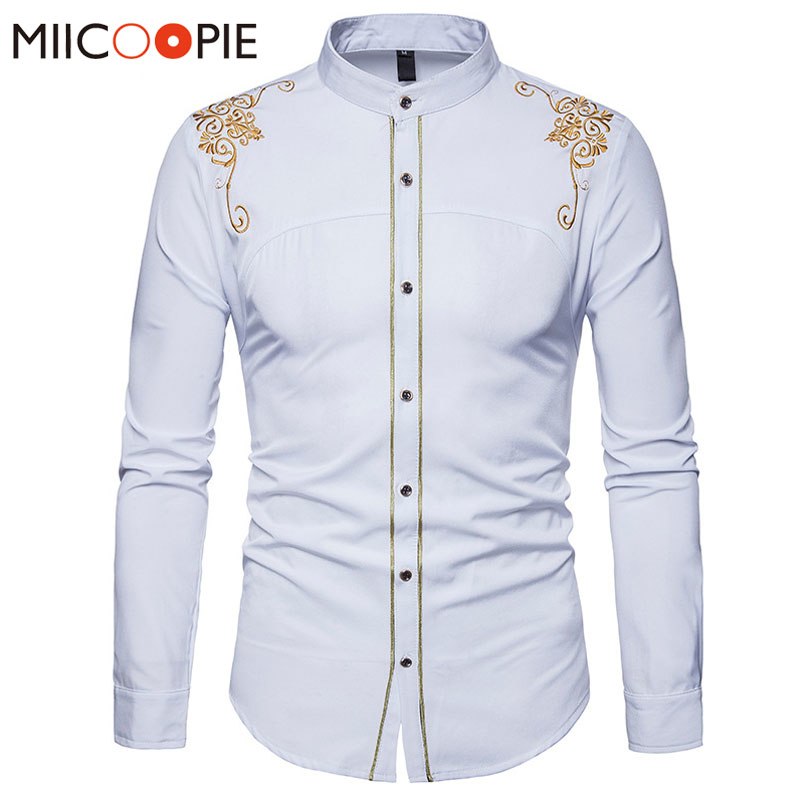 Royal Court Style Floral Embroidered Solid Dress Shirt