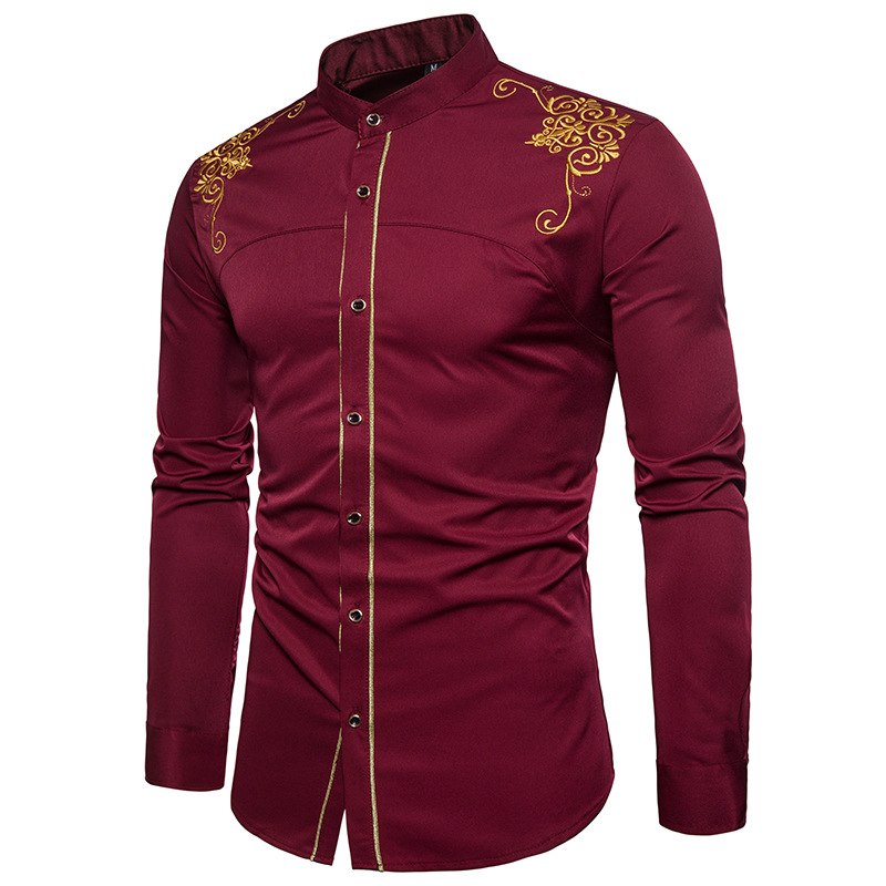 Royal Court Style Floral Embroidered Solid Dress Shirt