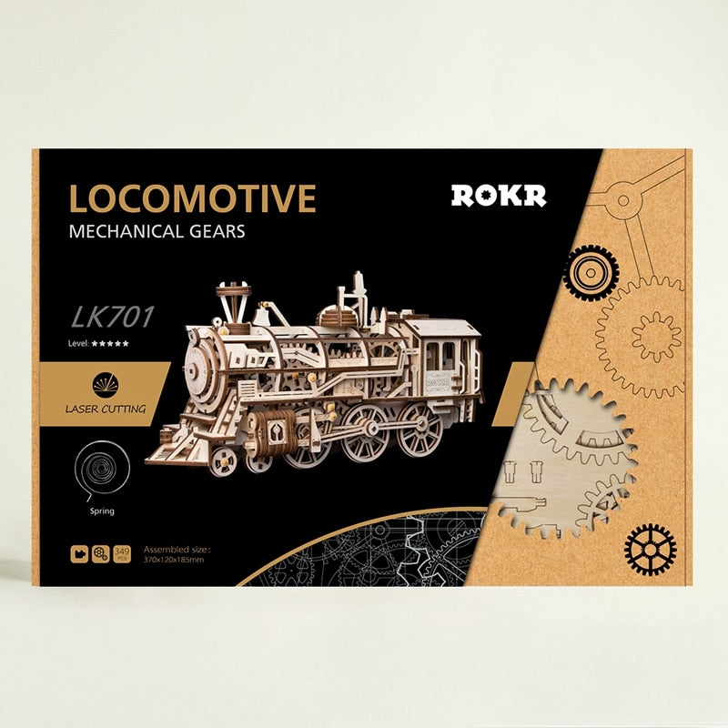Wooden Clockwork Gear Drive Locomotive Model Kit - Go Steampunk