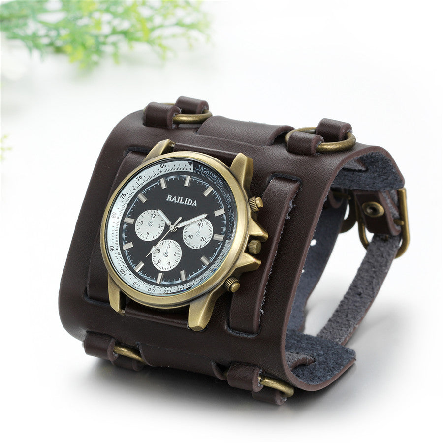 Wide Strap Leather Tachymetre Quartz Watch - Go Steampunk