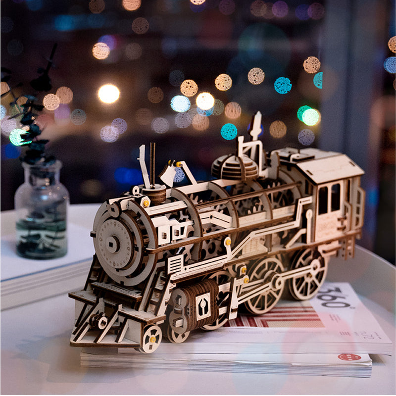 Wooden Clockwork Gear Drive Locomotive Model Kit - Go Steampunk