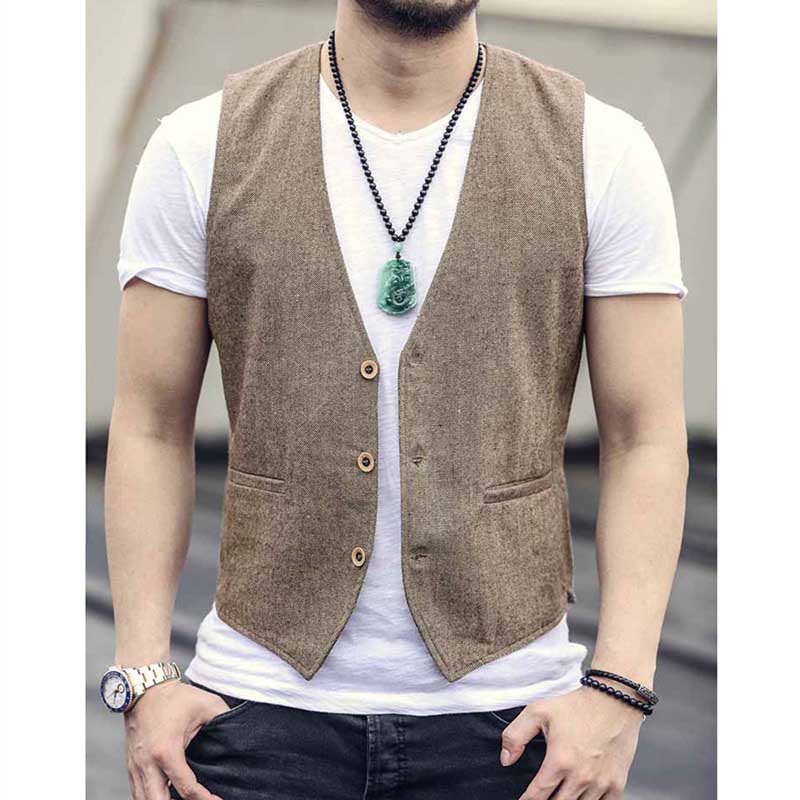 Single breasted cotton linen casual vest