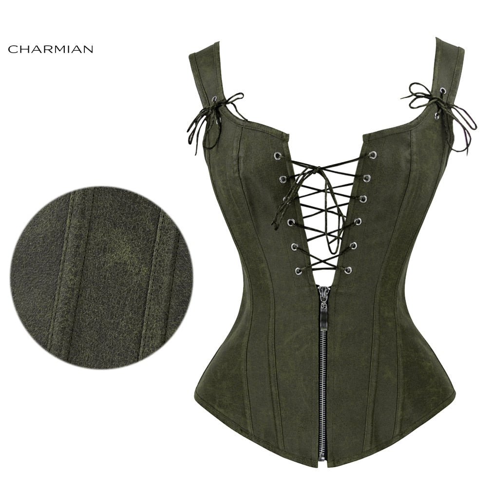 Faux Leather Low V Lace-up Front Steampunk Corset