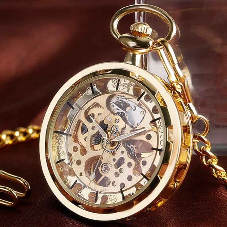Classic Steampunk Gold Skeleton Bronze Stainless Steel Mens or Woman's Hand-winding mechanical pocket watch - Go Steampunk