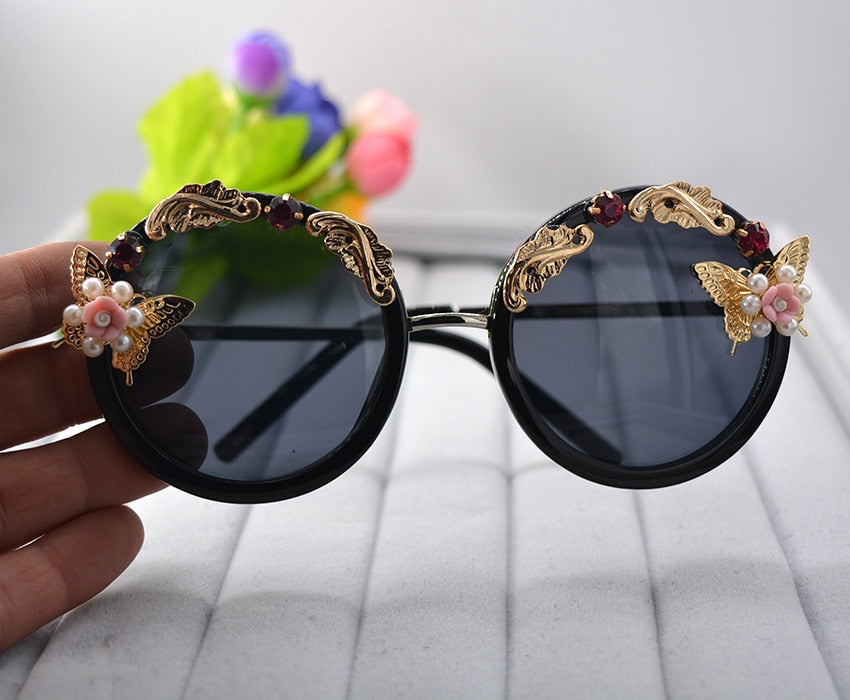 Vintage Retro Sunglasses Golden Frame Baroque gold  Butterfly Flower Sunglasses