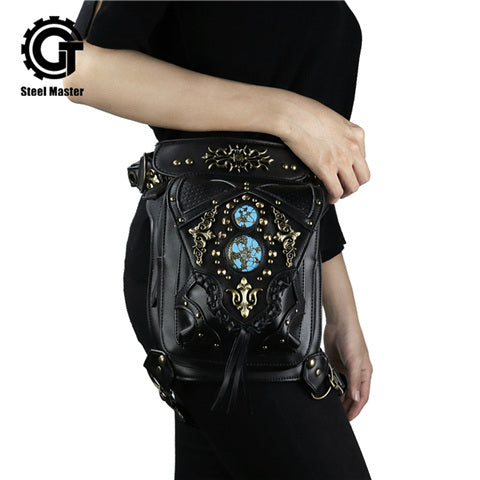 Steampunk Black Leather Blue Accent Thigh Holster Crossbody Bag