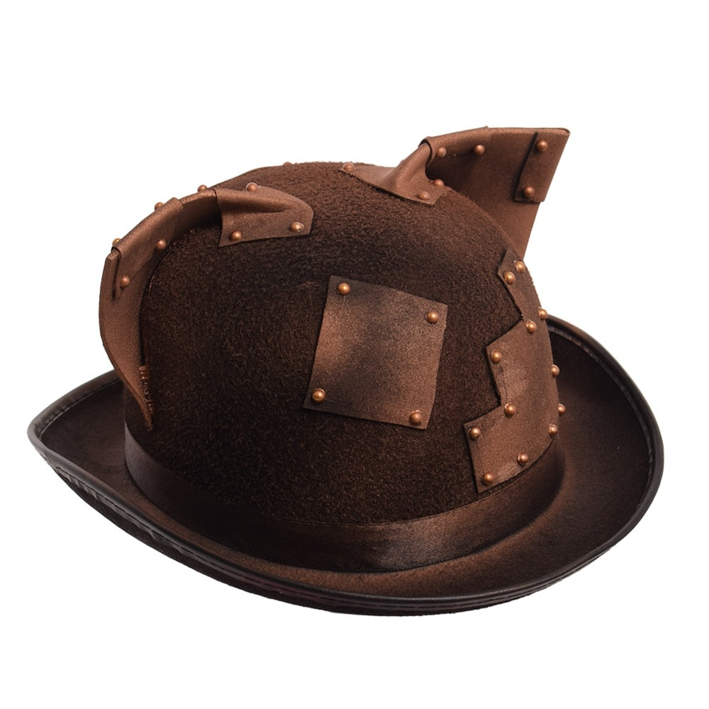 Cat Ear Steampunk Patch Bowler Hat