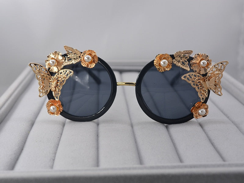 Vintage Retro Sunglasses Golden Frame Baroque gold  Butterfly Flower Sunglasses