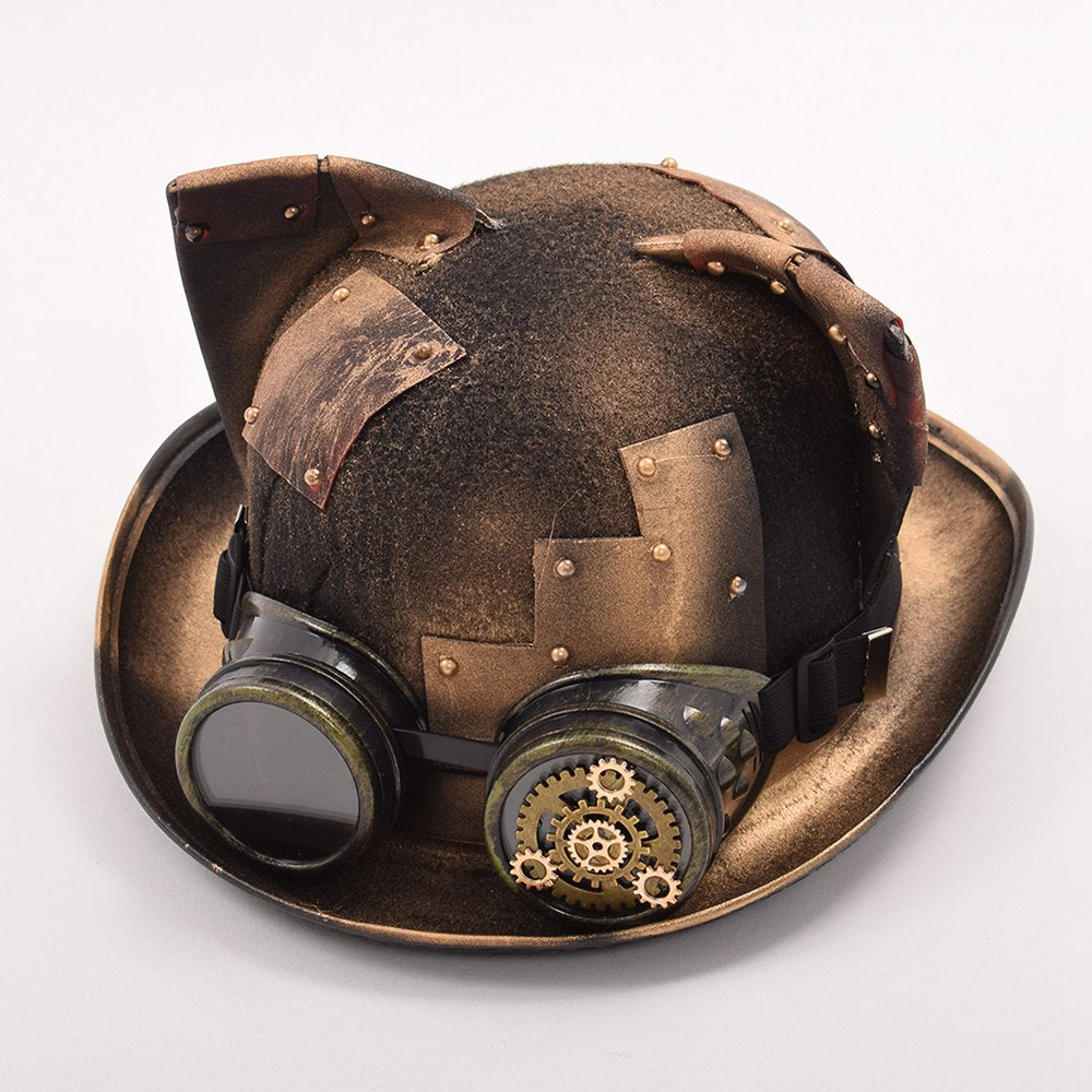 Cat Ear Steampunk Patch Bowler Hat