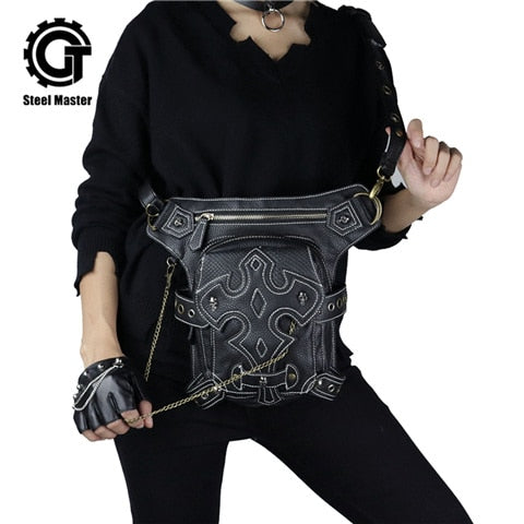Steampunk Black Leather Blue Accent Thigh Holster Crossbody Bag