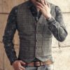 Mens Suit Vests, Waistcoat Vest, Plaid Steampunk Jacket Striped Tweed V Neck Slim Fit 3