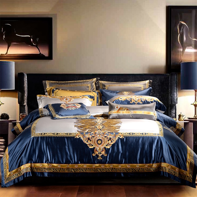 Gold Border Satin Bedding Set – blue 8
