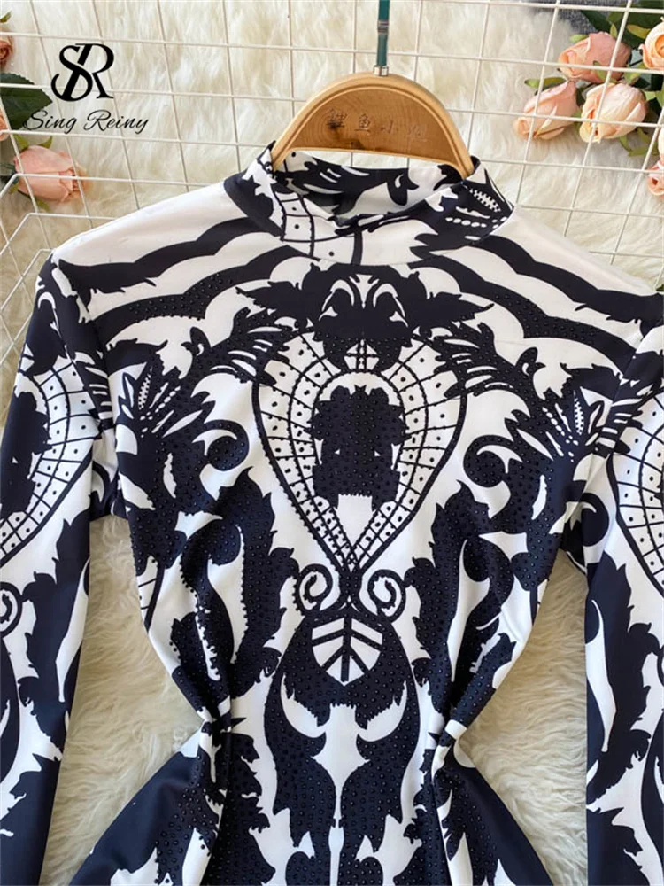 Print And Beaded Stand Collar Long Sleeve Victorian Pattern Bodysuit 2